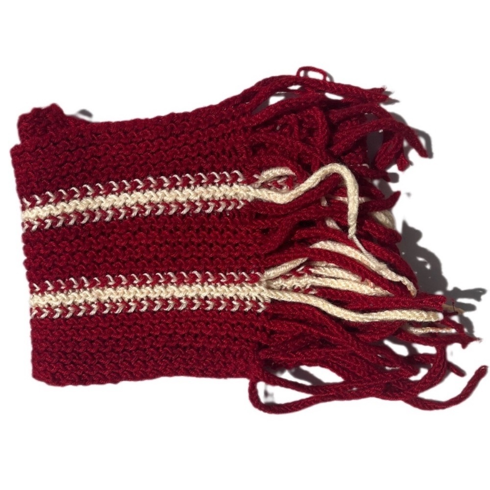 Knitted scarf burgundy red and white vertical striped thick soft knitted scarf